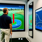 A professional male golf coach, middle-aged, wearing a modest polo shirt and athletic trousers, stands beside a young male golfer, also in appropriate athletic wear, inside a high-tech golf simulator room. The coach is pointing to a large screen displaying complex swing data, graphs, and statistics. The golfer observes intently, engaged in the scientific analysis. The background shows advanced AI analysis equipment, emphasizing a modern, data-driven approach. The scene is well-lit, clean, and professional. fully clothed, appropriate attire, safe for work, professional, perfect anatomy, correct proportions, natural pose, well-formed hands, proper finger count, natural body proportions, high-quality, ultra-detailed, professional photography.
