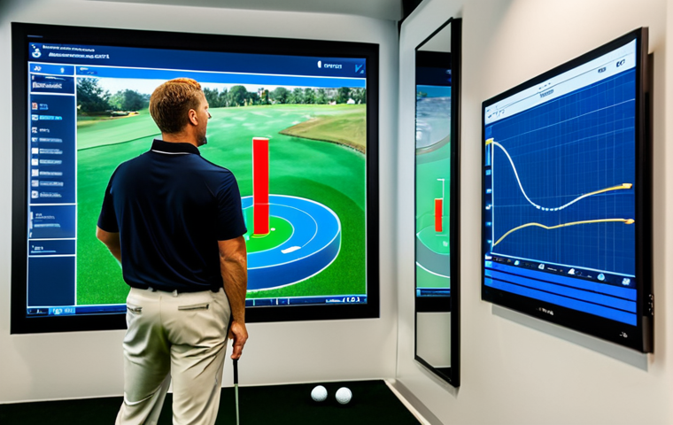 A professional male golf coach, middle-aged, wearing a modest polo shirt and athletic trousers, stands beside a young male golfer, also in appropriate athletic wear, inside a high-tech golf simulator room. The coach is pointing to a large screen displaying complex swing data, graphs, and statistics. The golfer observes intently, engaged in the scientific analysis. The background shows advanced AI analysis equipment, emphasizing a modern, data-driven approach. The scene is well-lit, clean, and professional. fully clothed, appropriate attire, safe for work, professional, perfect anatomy, correct proportions, natural pose, well-formed hands, proper finger count, natural body proportions, high-quality, ultra-detailed, professional photography.