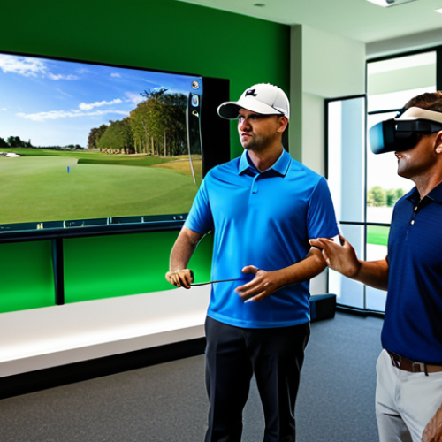 Home 18 A diverse group of professional golf coaches, fully clothed in modest professional golf attire, engaging with advanced golf technology in a sleek, modern training facility. One coach is reviewing AI swing analysis data on a large transparent screen, while another is wearing a VR headset, experiencing a virtual golf course. Data readouts and high-tech equipment are visible in the background, conveying an atmosphere of innovation and collaboration. perfect anatomy, correct proportions, natural pose, well-formed hands, proper finger count, natural body proportions, professional photography, cinematic lighting, high resolution, safe for work, appropriate content, family-friendly.