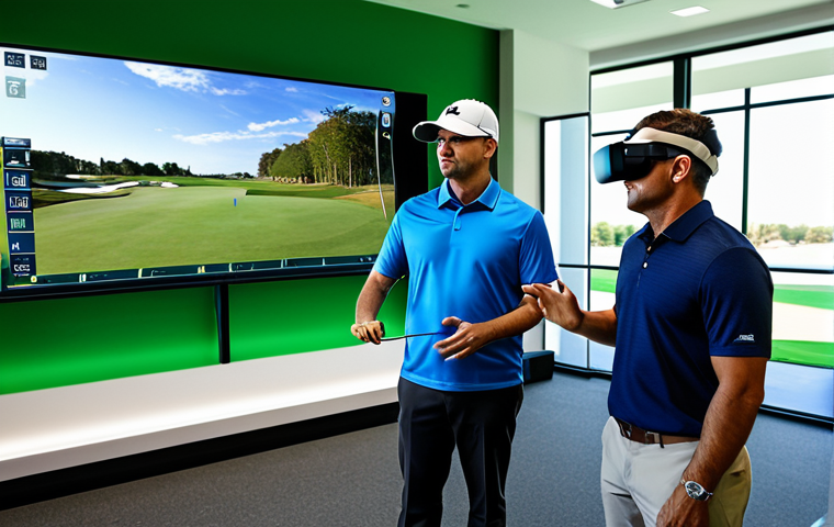 A diverse group of professional golf coaches, fully clothed in modest professional golf attire, engaging with advanced golf technology in a sleek, modern training facility. One coach is reviewing AI swing analysis data on a large transparent screen, while another is wearing a VR headset, experiencing a virtual golf course. Data readouts and high-tech equipment are visible in the background, conveying an atmosphere of innovation and collaboration. perfect anatomy, correct proportions, natural pose, well-formed hands, proper finger count, natural body proportions, professional photography, cinematic lighting, high resolution, safe for work, appropriate content, family-friendly.